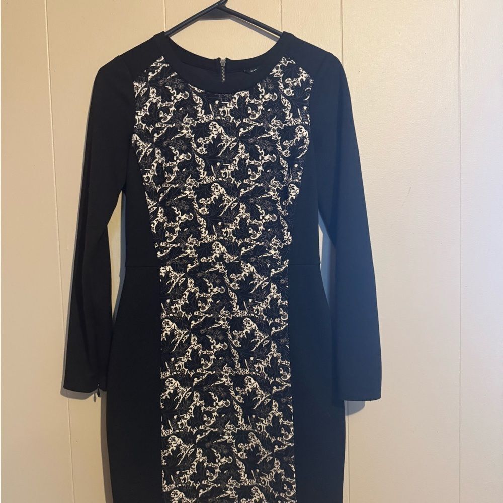 CLUB MONACO Wom Sz 2‎ Ashton Dress Ponte Knit Black Exposed Zip Leaf Print Black - Picture 3 of 8